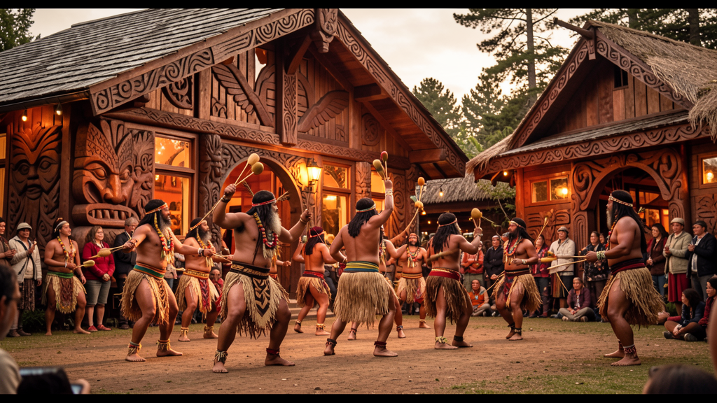Maori cultural performance with carved meeting house