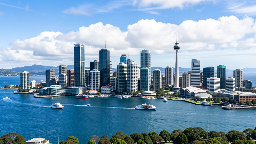 Auckland skyline from the harbour with Sky Tower