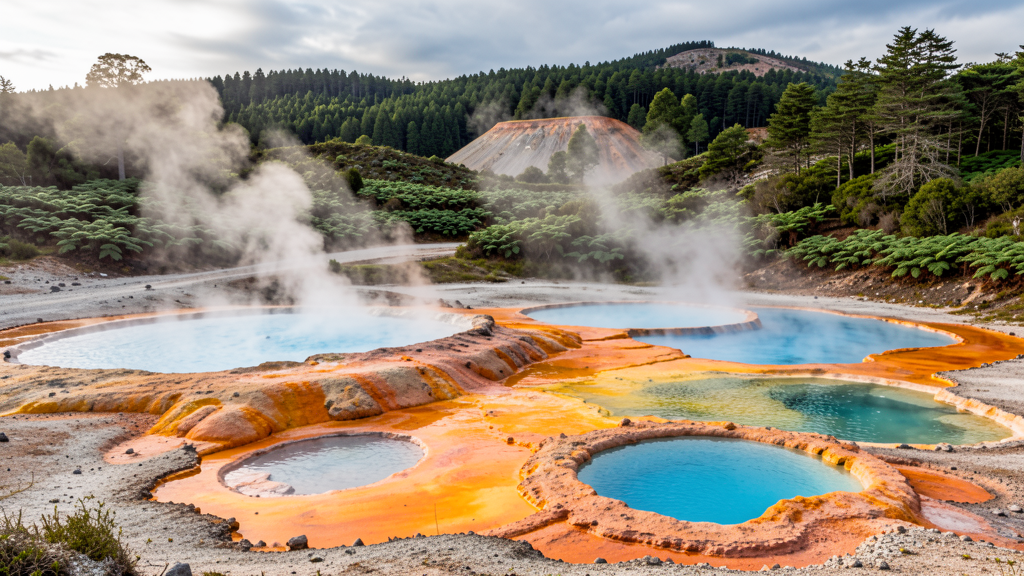 Rotorua geothermal pools with steam rising