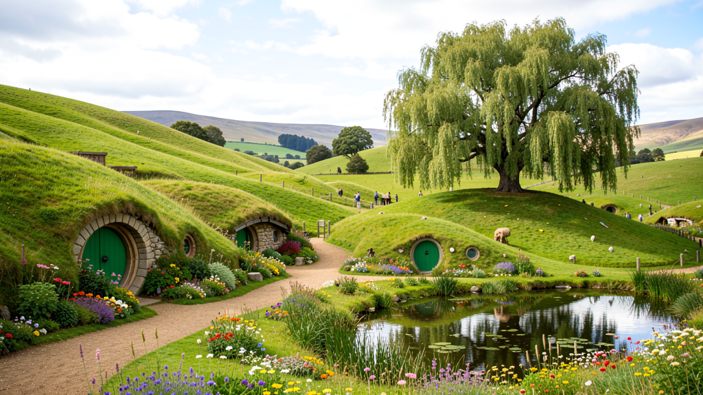Hobbiton movie set green rolling hills with round doors