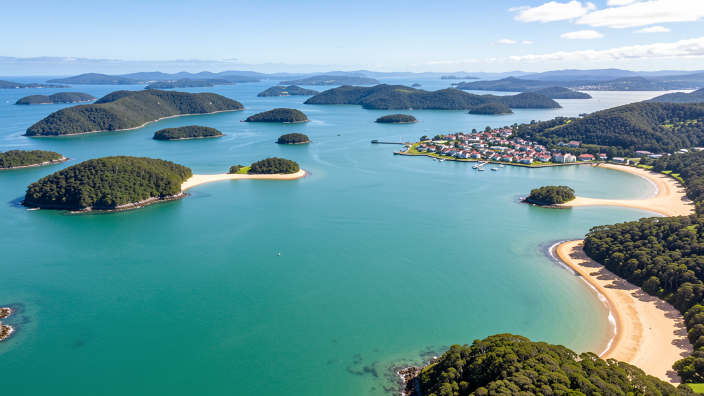 Bay of Islands aerial view with islands and turquoise water