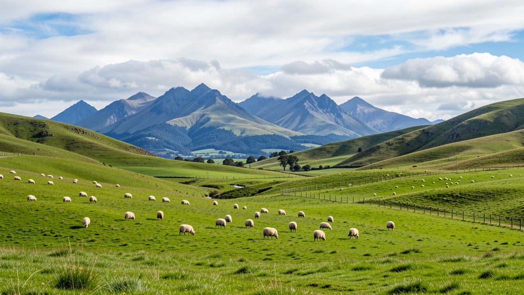 Rolling green hills of New Zealand with mountains in the distance